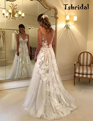 Ivory V-neck Lace Backless A-line Wedding Dress