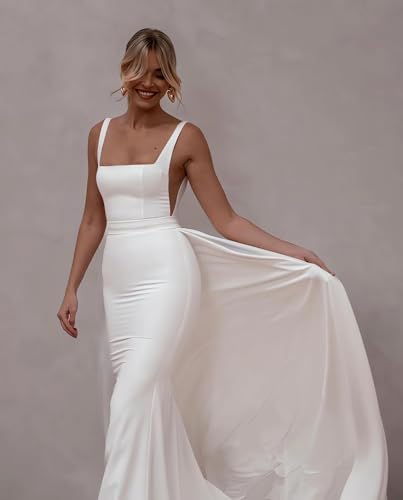 2024 Beach Sleeveless White Wedding Dress with Train