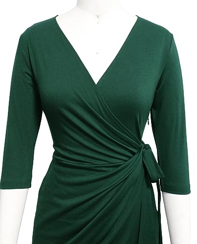 Dark Green V-Neck Sheath Wrap Dress for Women