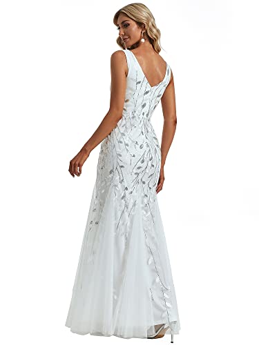 Sequin Double V-Neck Mermaid Evening Dress - White