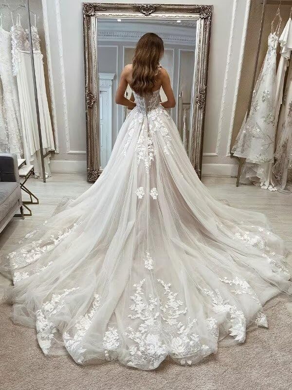 White Lace Applique Ball Gown Wedding Dress - Size 10