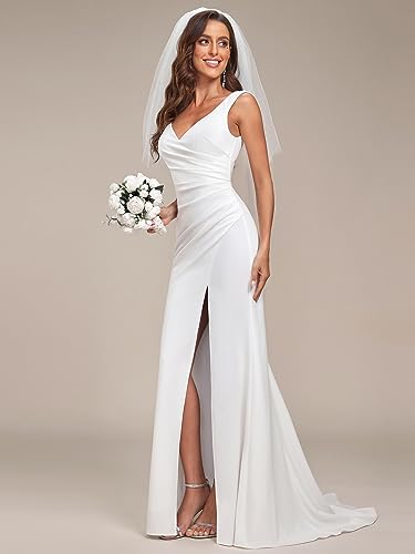 Elegant Vintage White Wedding Dress with Double V-Neck
