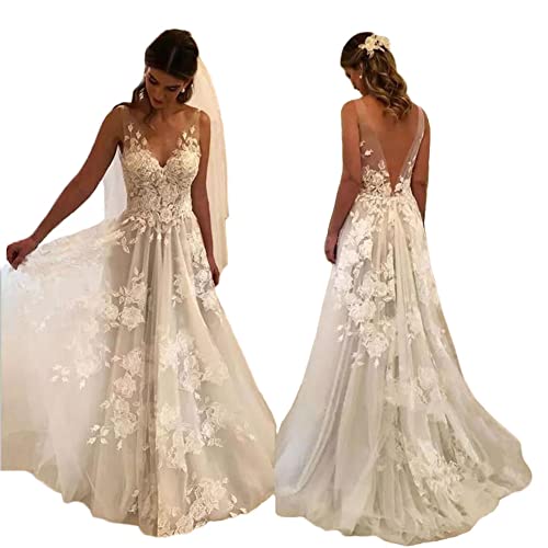 Ivory V-neck Lace Backless A-line Wedding Dress