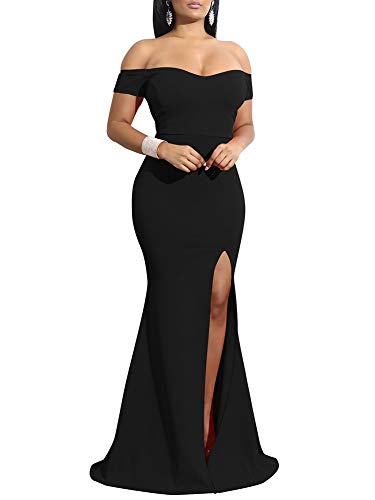 Off Shoulder High Split Long Black Evening Gown