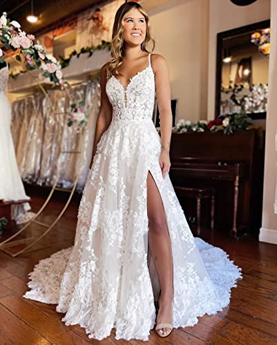 White Lace Ball Gown Wedding Dress with Slit