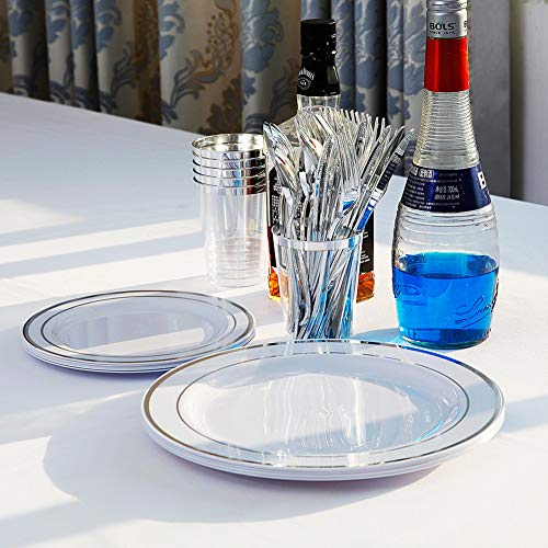 Fancy White Silver Rim Wedding Party Plates, 102pcs