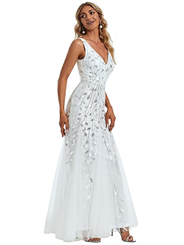 Sequin Double V-Neck Mermaid Evening Dress - White