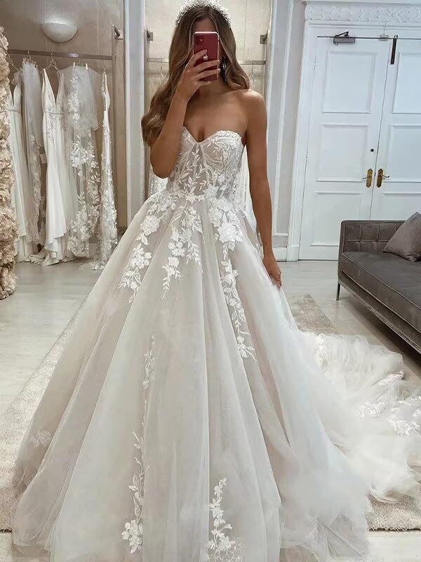 White Lace Applique Ball Gown Wedding Dress - Size 10