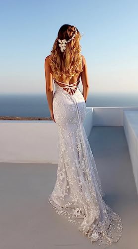 Lace Applique Mermaid Wedding Dress Spaghetti Straps V-Neck