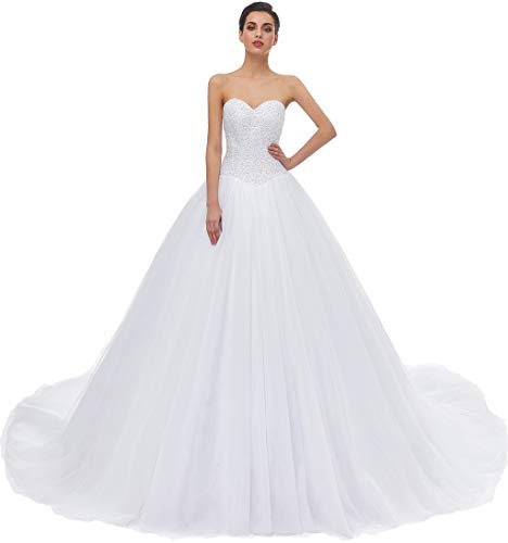 Sweetheart Tulle A-line Wedding Dress for Bride (White)