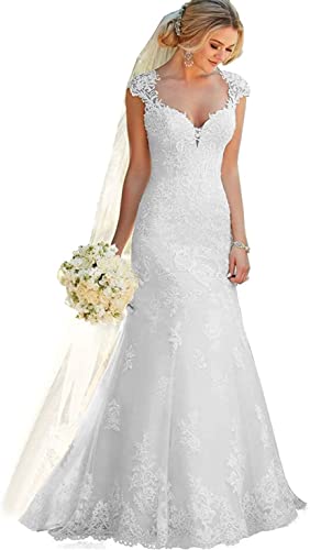 Floral Beaded Lace Bridal Mermaid Wedding Dress White