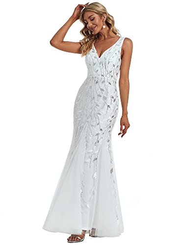 Sequin Double V-Neck Mermaid Evening Dress - White