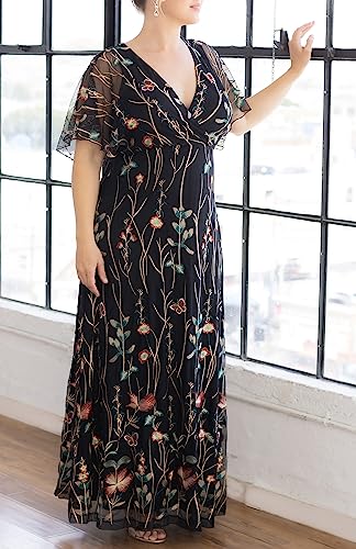 Floral Embroidered Evening Gown for Wedding Guest | Black