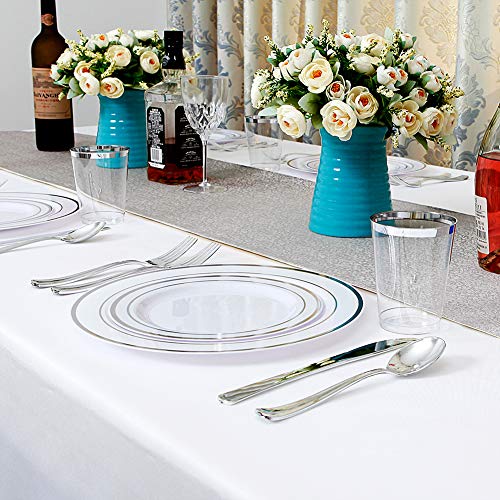 Fancy White Silver Rim Wedding Party Plates, 102pcs