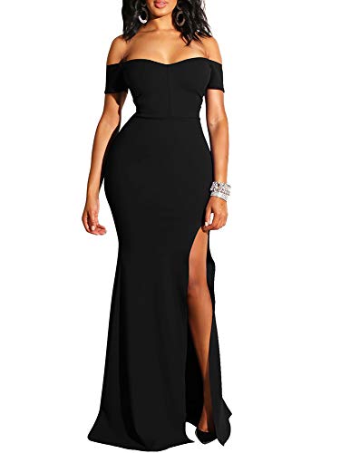 Off Shoulder High Split Long Black Evening Gown