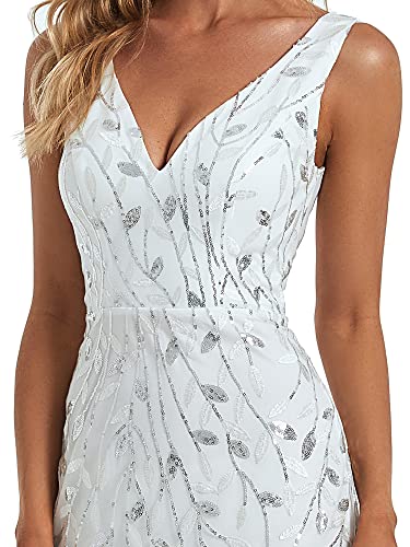 Sequin Double V-Neck Mermaid Evening Dress - White