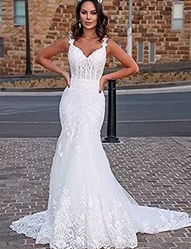 Vintage Lace Applique Mermaid Wedding Dress, White, US12