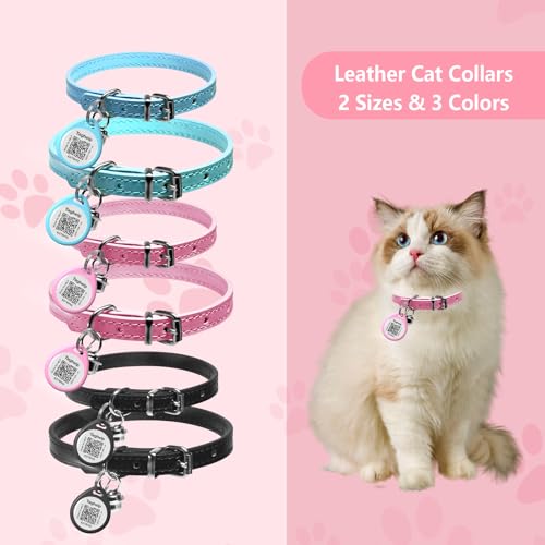 Leather Cat Collar with Bell Non Breakaway Kitten QR Tag for Girl Boy,Personalized Cat Collar with QR Code Name smart ID tag,Pet Name and Phone Number on line,NO app(8" - 11" Cats/Mini Dogs, Pink)