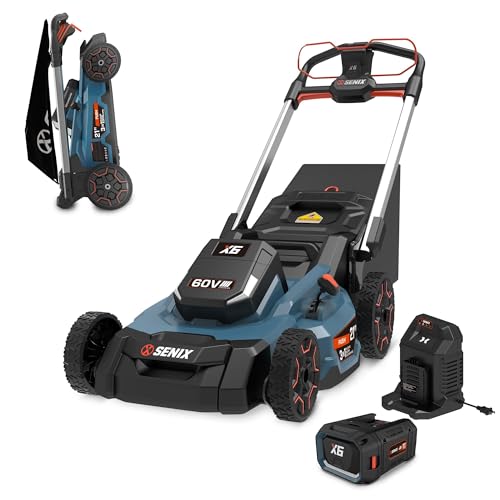 SENIX X6 60 Volt Max* 21-Inch 3-in-1 Cordless Push Lawn Mower, with Bagging, Mulching, and Side Discharge, Height Adjustment, Smart Display, 6Ah Lithium-ion Battery & Charger Included (LPPX6-H)