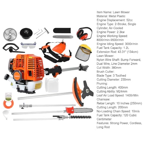 5 in 1 Multifunctional Lawn Mower,52CC Gas Weed Trimmer,Cordless Weed Wacker,Cordless Hedge Trimmer & Grass Edger,2-Stroke Brush Cutter, Handheld Chainsaw Hedge Pruner (Orange-new5)