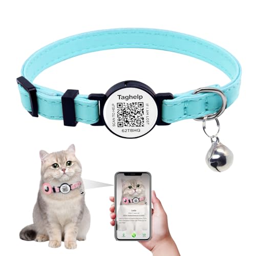 Collar Leather breakaway Cat Collar with Bell - Kitten Collar, Small and Big Cat Collar for Boy Cats, Girl Cats with smart ID tag,QR Code Cat ID Tags - Pet Online Profile Scan QR (Blue)