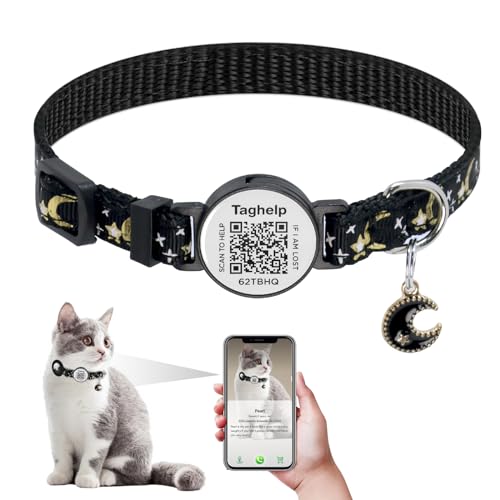 Upgraded Version - Cat Collar Stars and Moon, Solid & Safe, Pet Collar, Breakaway Cat Collar, smart ID tag.Real-time scan alerts | Shareable Pet Profile | No subscription or fees(Black)