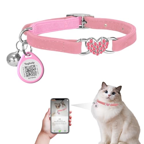 Heart Bling Cat Collar with Safety Belt and Bell Adjustable 8-13 inches for Kitten,Personalized Cat Collar with QR Code Smart ID tag, Pet Name and Phone Number on line,NO app (Pink)