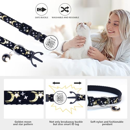 Upgraded Version - Cat Collar Stars and Moon, Solid & Safe, Pet Collar, Breakaway Cat Collar, smart ID tag.Real-time scan alerts | Shareable Pet Profile | No subscription or fees(Black)