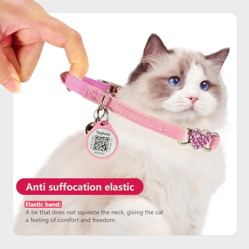 Heart Bling Cat Collar with Safety Belt and Bell Adjustable 8-13 inches for Kitten,Personalized Cat Collar with QR Code Smart ID tag, Pet Name and Phone Number on line,NO app (Pink)
