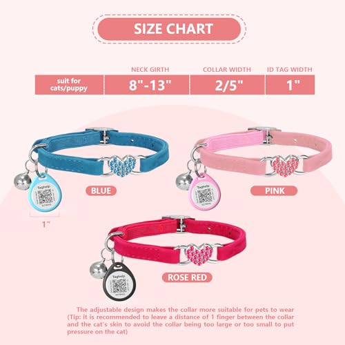 Heart Bling Cat Collar with Safety Belt and Bell Adjustable 8-13 inches for Kitten,Personalized Cat Collar with QR Code Smart ID tag, Pet Name and Phone Number on line,NO app (Pink)