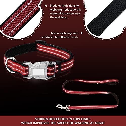 Pawhuggies Reflective Dog Collar and Leash Set for Small Dogs, 4 FT/5 FT Dog Leash, Handle with an O-ring, Adjustable Mesh Padded Small Dog Collar with Quick Release Buckle-Red