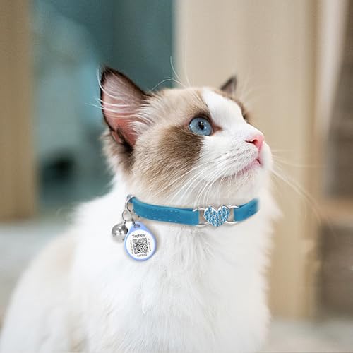 Heart Bling Cat Collar with Safety Belt and Bell Adjustable 8-13 inches for Kitten,Personalized Cat Collar with QR Code Smart ID tag, Pet Name and Phone Number on line,NO app (Pink)