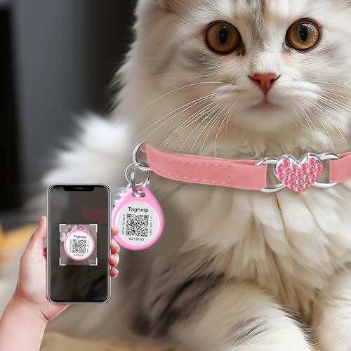 Heart Bling Cat Collar with Safety Belt and Bell Adjustable 8-13 inches for Kitten,Personalized Cat Collar with QR Code Smart ID tag, Pet Name and Phone Number on line,NO app (Pink)