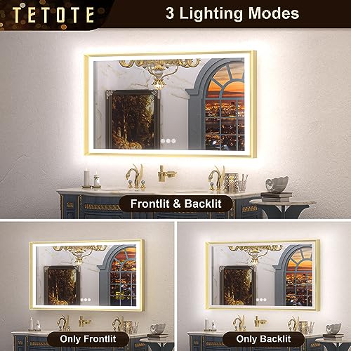 TETOTE LED Bathroom Mirror with Lights Gold Metal Framed 40x24 Frontlit & Backlit Vanity Mirror Baroque Antifog Stepless Dimmable White/Warm/Natural,CRI90+,Waterproof,Wall Mounted(Horizontal/Vertical)