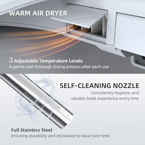 SmartWhale Electric Bidet Toilet Seat, Elongated Heated Toilet Seat with Instant Warm Water & Dryer, Smart Bidet Warmer, Feminine & Front Rear Wash, Wireless Remote, Self-Clean Nozzle, Slow Close Lid