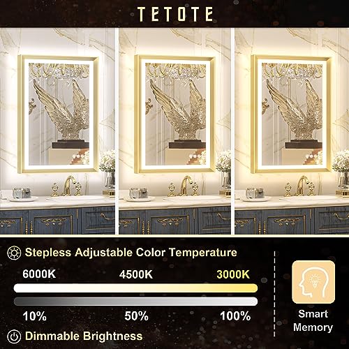 TETOTE LED Bathroom Mirror with Lights Gold Metal Framed 40x24 Frontlit & Backlit Vanity Mirror Baroque Antifog Stepless Dimmable White/Warm/Natural,CRI90+,Waterproof,Wall Mounted(Horizontal/Vertical)