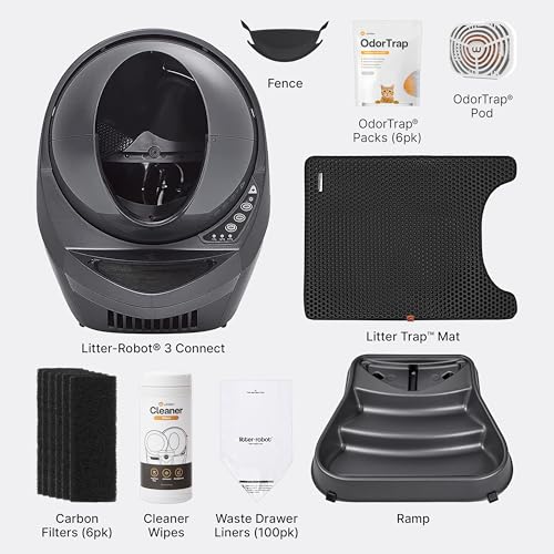 Litter-Robot 3 Pro Bundle by Whisker, Grey - Includes Litter-Robot, LitterTrap Mat, Fence, Ramp, OdorTrap, 6 OdorTrap Refills, 100 Liners, 6 Carbon Filters, Cleaner Wipes & WhiskerCare 1-Year Warranty