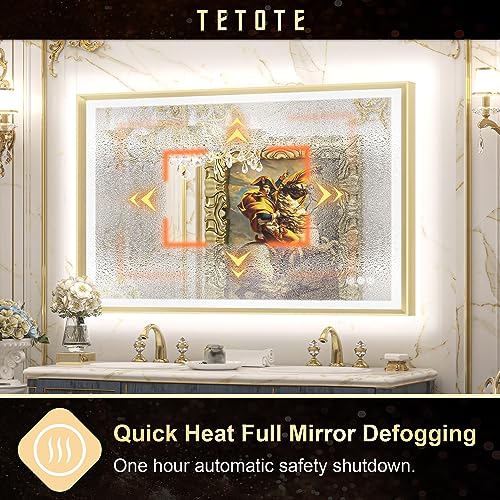 TETOTE LED Bathroom Mirror with Lights Gold Metal Framed 40x24 Frontlit & Backlit Vanity Mirror Baroque Antifog Stepless Dimmable White/Warm/Natural,CRI90+,Waterproof,Wall Mounted(Horizontal/Vertical)