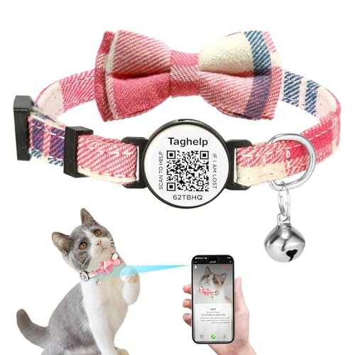 Personalized Cat Collar with Smart ID Tag,Breakaway Cat Collar with Bells,Bow Tie Cat Collar with On ID Tags for Boys and Girls Safety Plaid Kitten Collars with QR ID Tag for Cats (Pink)