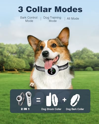 2-in-1 Dog Shock Collar & Dog Bark Collar - Smart Anti Barking Dog Training Collar with 5 Adjustable Sensitivity & 3300FT Remote for All Breeds IP67 Waterproof Rechargeable E-Collar (White)