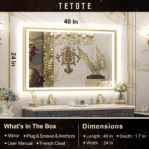 TETOTE LED Bathroom Mirror with Lights Gold Metal Framed 40x24 Frontlit & Backlit Vanity Mirror Baroque Antifog Stepless Dimmable White/Warm/Natural,CRI90+,Waterproof,Wall Mounted(Horizontal/Vertical)