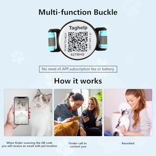 Kitten Collars with Bell,Cat Collar Breakaway with QR Code Name Tag, Cat ID Tag Personalized, Ultra-Durable, Adjustable, Quick Release, Fits Most Cats (Blue Cute paw Print, Collar with airtag Holder)