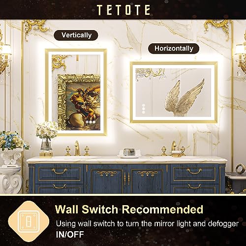TETOTE LED Bathroom Mirror with Lights Gold Metal Framed 40x24 Frontlit & Backlit Vanity Mirror Baroque Antifog Stepless Dimmable White/Warm/Natural,CRI90+,Waterproof,Wall Mounted(Horizontal/Vertical)