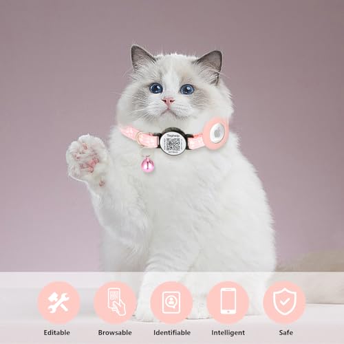 Kitten Collars with Bell,Cat Collar Breakaway with QR Code Name Tag, Cat ID Tag Personalized, Ultra-Durable, Adjustable, Quick Release, Fits Most Cats (Blue Cute paw Print, Collar with airtag Holder)