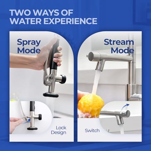 WEWE Kitchen Faucet with Pull Down Sprayer, Kitchen Sink Faucet with Pot Filler Single Handle Commercial High Arc Stainless Steel Brushed Nickel for Bar Laundry RV Utility Sink
