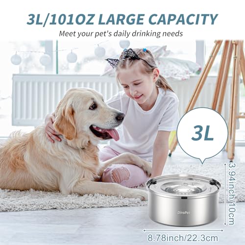 DiroPet Dog Water Bowl No Spill, Food-Grade Stainless Steel Dog Bowls, 3L/101oz Large Capacity Slow Water Feeder, No Spill Water Bowl for Dog, Vehicle Carried Travel Water Bowl for Medium Large Dogs