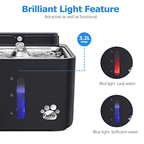Wireless & Rechargeable Battery Operated Cat Water Fountain, Kastty 108oz/3.2L Larger Quiet Sensor Auto Cat Fountain with Smart 3 Flow Mode+Foodgrade 304 Stainless Steel Dish for Pet Inside or Outdoor