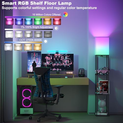SUNMORY Floor Lamp with Shelves, Smart APP Control Standing Lamp with RGB Bulb, 4-Tier Dimmable Floor Lamps for Living Room, Tall Lamp for Bedroom, Office, Corner Display Bookshelf Lamp