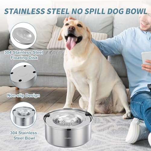 DiroPet Dog Water Bowl No Spill, Food-Grade Stainless Steel Dog Bowls, 3L/101oz Large Capacity Slow Water Feeder, No Spill Water Bowl for Dog, Vehicle Carried Travel Water Bowl for Medium Large Dogs