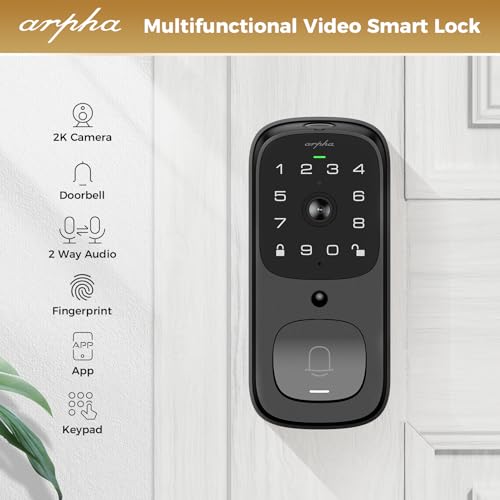 ARPHA Smart Door Lock with Video Camera - 6 in 1 Camera+Doorbell+Fingerprint Keyless Entry Door Lock, Wi-Fi Smart Locks for Front Door with 32GB SD Card, Electronic Digital Door Lock with Keypad
